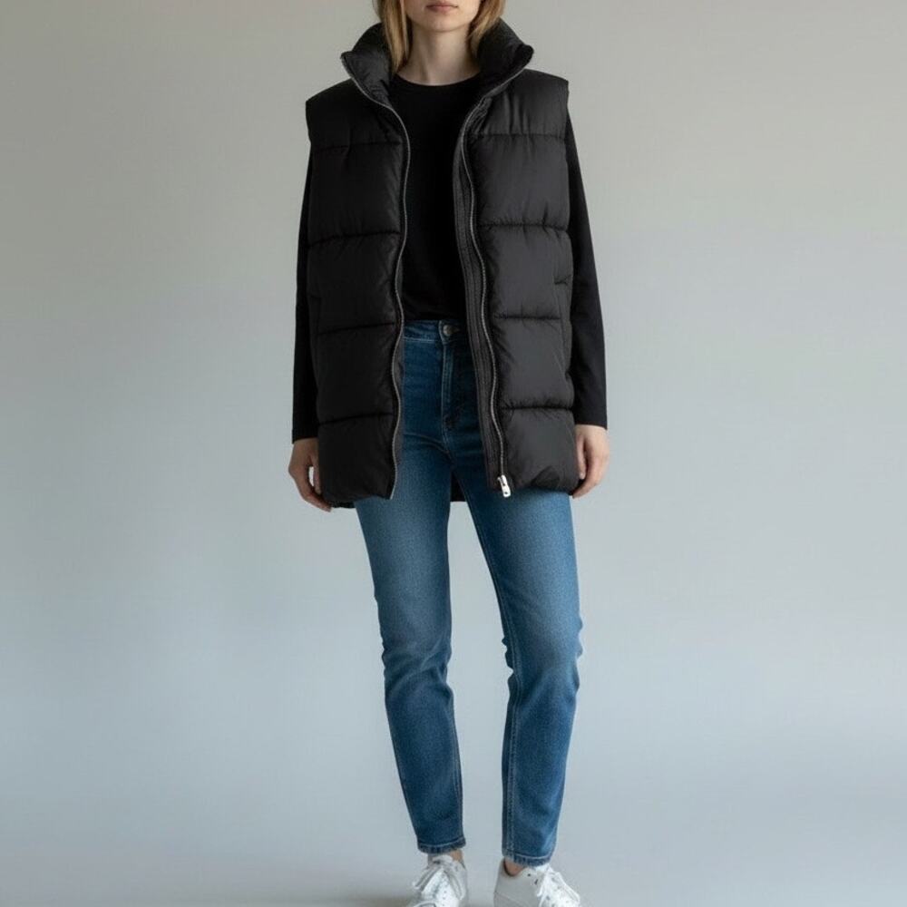 Black Puffer Vest Medium Boxy Oversized Gorpcore Streetwear Utility Full Zip